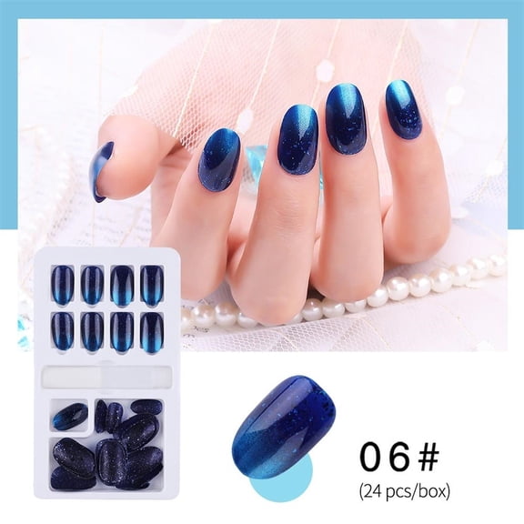 Short Press on Nails Oval Blue Artificial Fake Nails Press Ons with Designs Glossy Gel Press on Nails Short Full Cover False Nails 24PCS Reusable Glue On Nails Kit for Women Girls