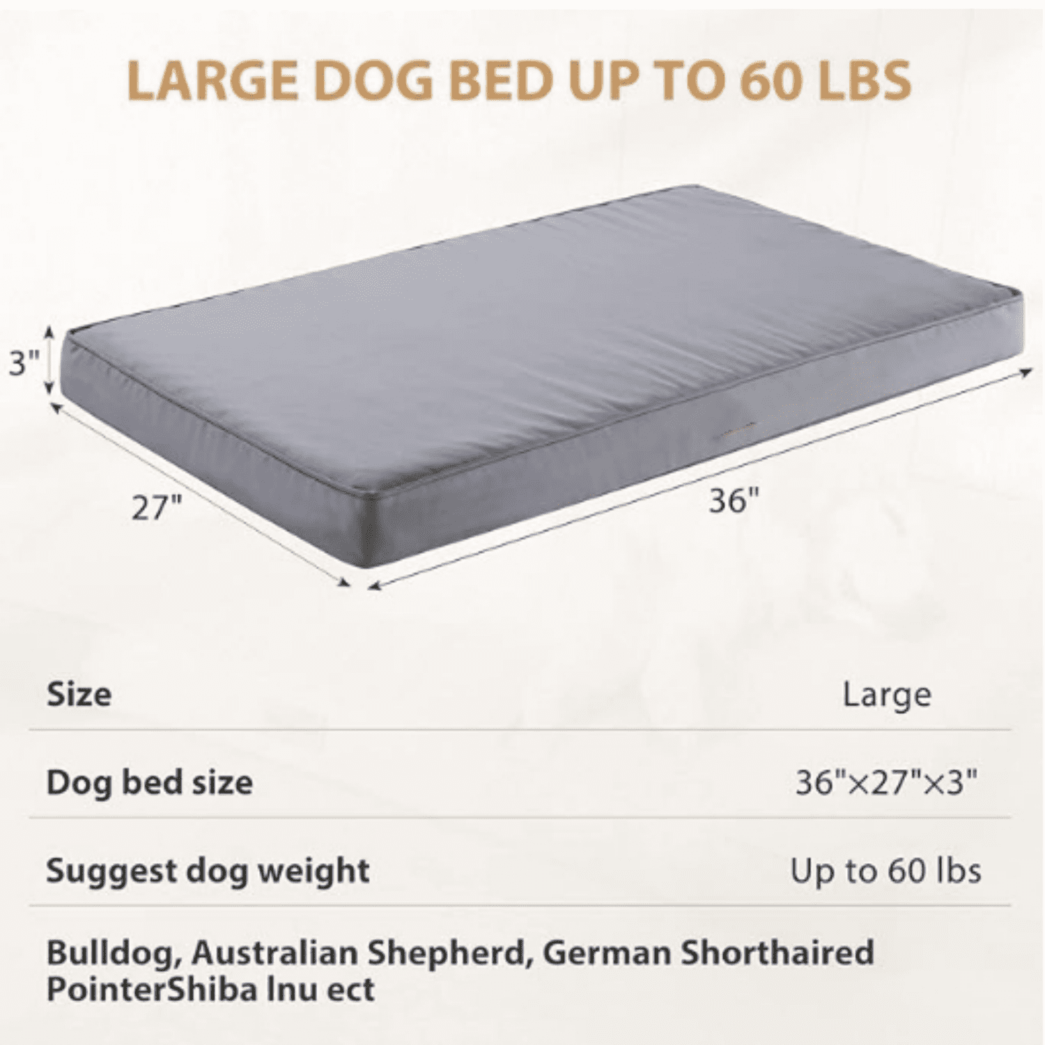 Outdoor Dog Beds for Large Dogs, Waterproof Dog Bed for Medium, Large, Extra Large Dogs, Orthopedic Pet Bed with Removable Washable Cover, Egg Crate Foam Pet Bed Mat. (36 x 27 in, Grey)