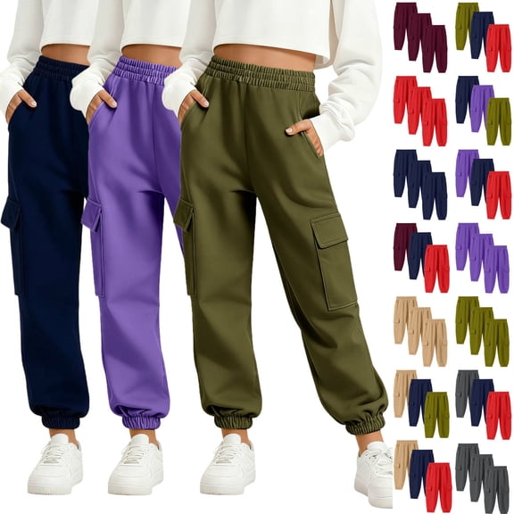 Teyfeniy 3 Pack Cargo Sweatpants for Kids Unisex Elastic Waist Straight Leg Joggers Pants Outdoor Activity Multi Pockets Casual Comfy Trousers for Boys and Girls