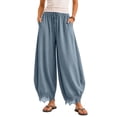 thumbnail image 4 of TEAJOPSUU Womens Cropped Lace Hem Pants Flowy Drawstring Elastic High Waisted Culottes Pants with Pockets Casual Wide Leg Palazzo Trousers Blue, 4 of 7