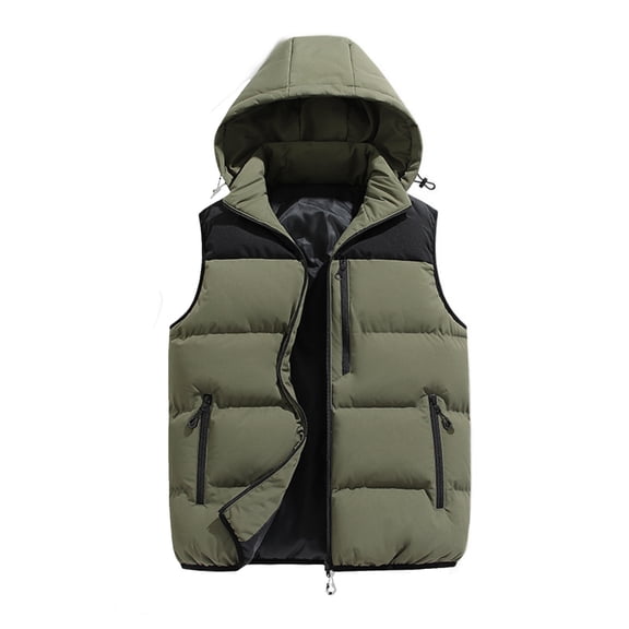 Wutalume Men's Casual Loose Color-Blocked Cotton Warm Jacket with Detachable Cap, Sleeveless Vest Style for Men, Versatile for Outdoor Adventures and Casual Fashion,Army Green L