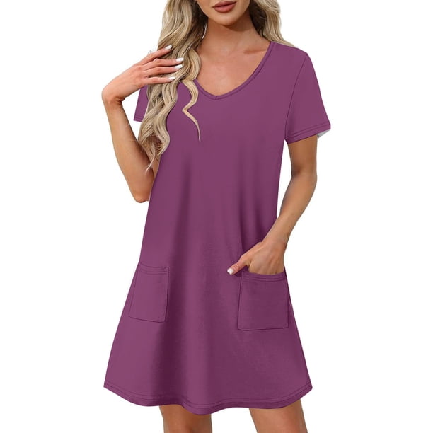 Vestido Corto de Verano de Moda de Color Sólido Vestido Casual de Cuello en V de Manga Corta, Desgaste Ligero de Poliéster para las Mujeres, Lavado de Manos