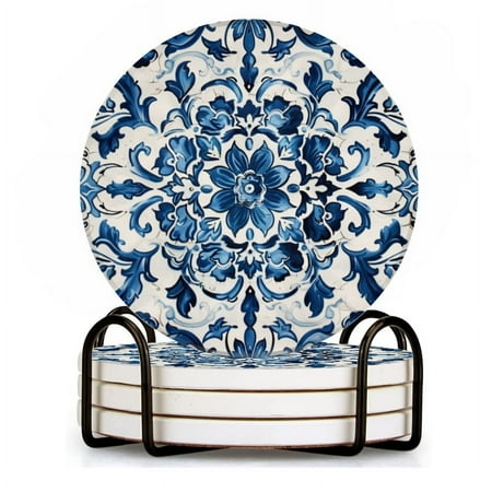

BaHomeck Drink Coasters Set of 4 with Holder blue and white with symmetrical patterns of flowers and leaves Water Absorbent Ceramic Coasters Tabletop Protection Suitable for Various Cup Home Decor
