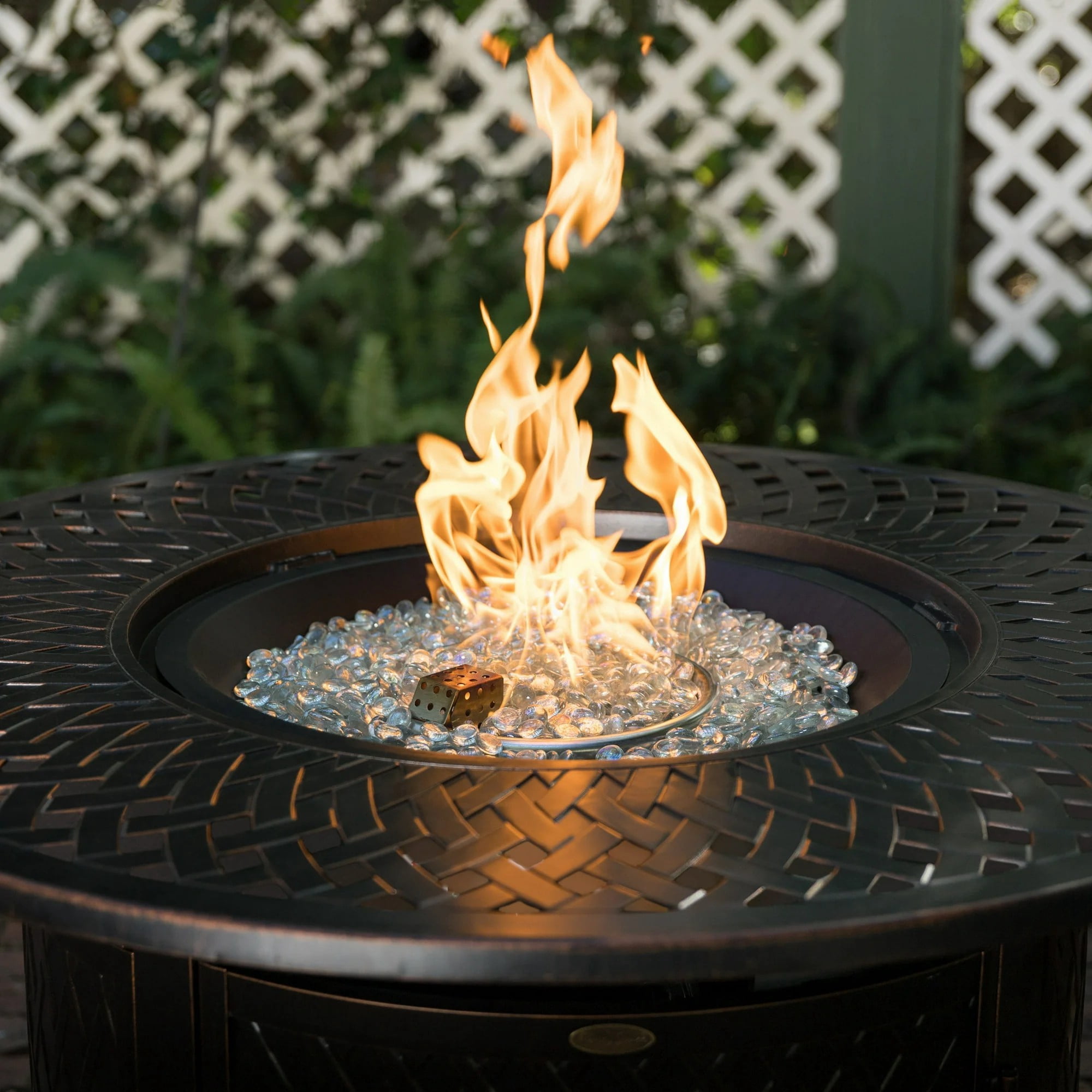 Vulcan Verona Round Woven Aluminum Gas Fire Pit with Nylon Cover & Clear Fire Glass – Bronze Finish, 44"