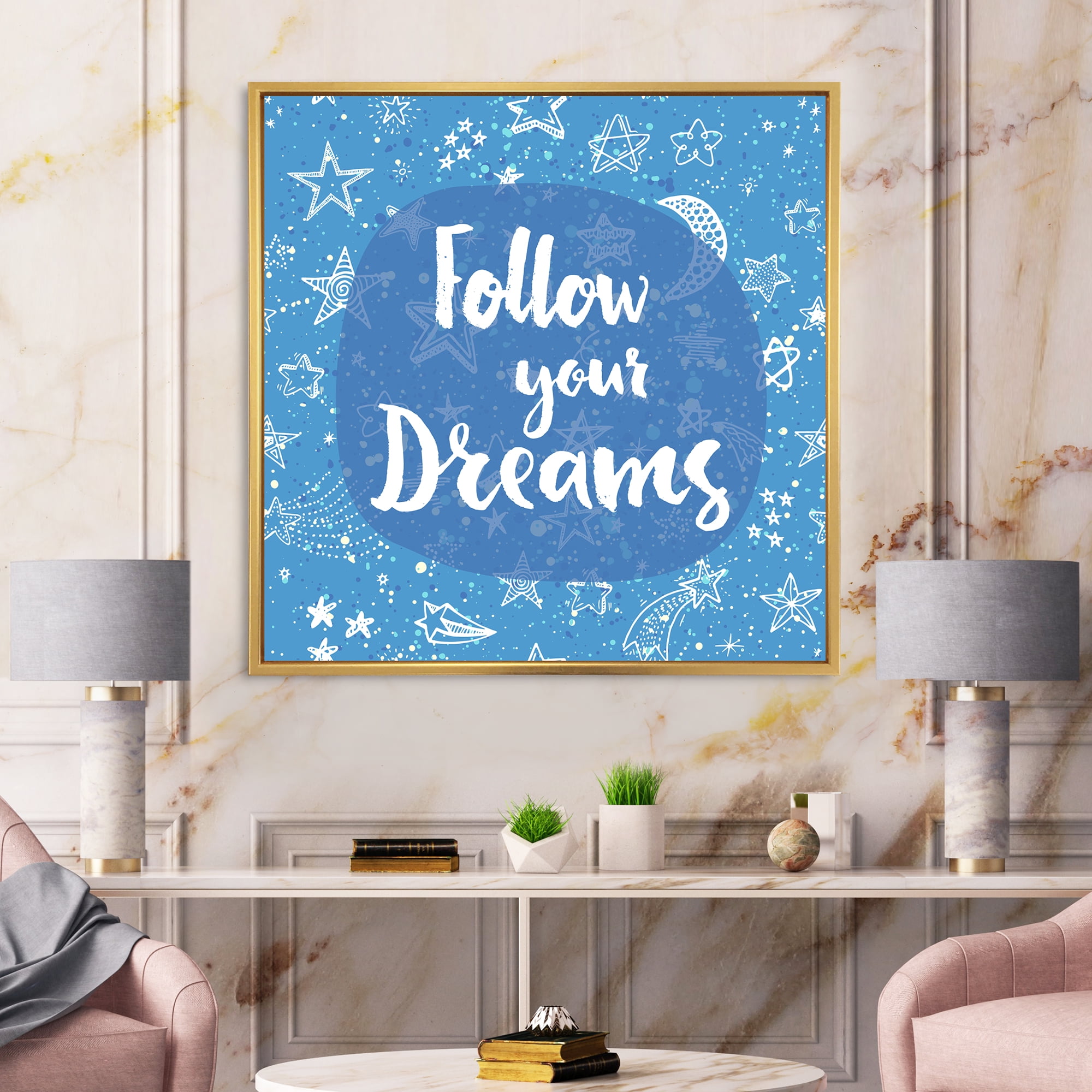 Designart 'Follow Your Dreams On Blue II' Modern Framed Canvas Wall Art Print