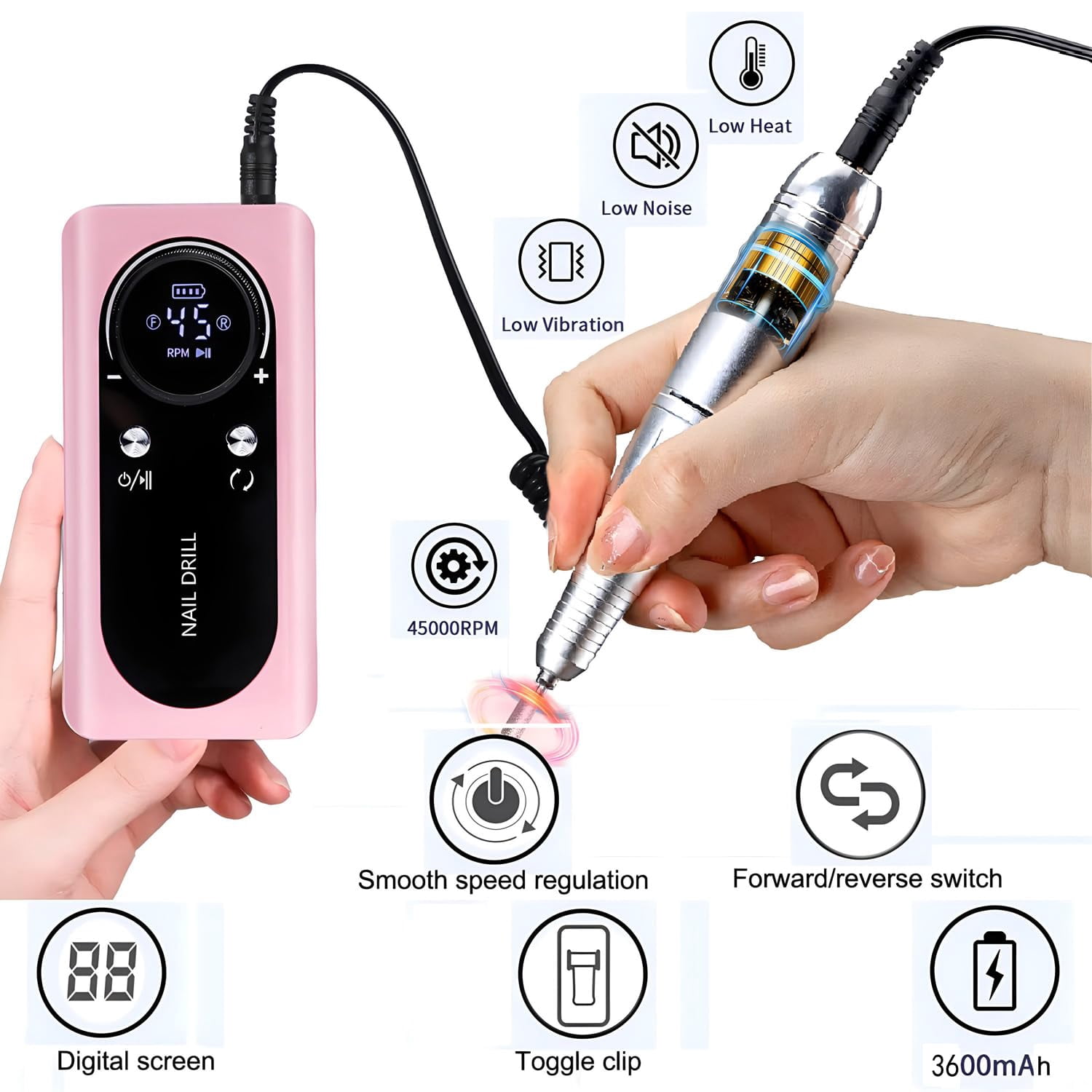 EOTVIA Portable Electric Nail Drill Manicure Pedicure Polishing Shape Tools for Nail Care Beauty Home Salon Use - 45000RPM, Pink