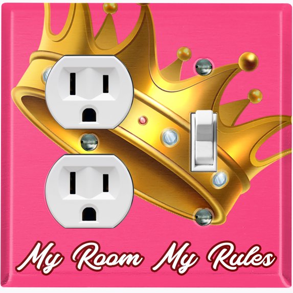 Metal Light Switch Plate Outlet Cover (My Room My Rules Crown Pink Tilted - Single Duplex Single Toggle)