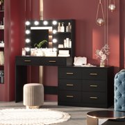 61 Make up Vanity Desk with Mirror and Lights, Pink Vanity with 8 Wide Storage Drawers & 2 Tier Shelves, 3 Lighting Modes with Adjustable Brightness for Bedroom