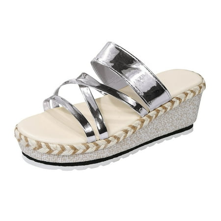 

sandals for Women Ladies Fashion Solid Color Leather Cross Strap Woven Wedge Heel Platform Sandals PU Dress Sandals for Women Silver
