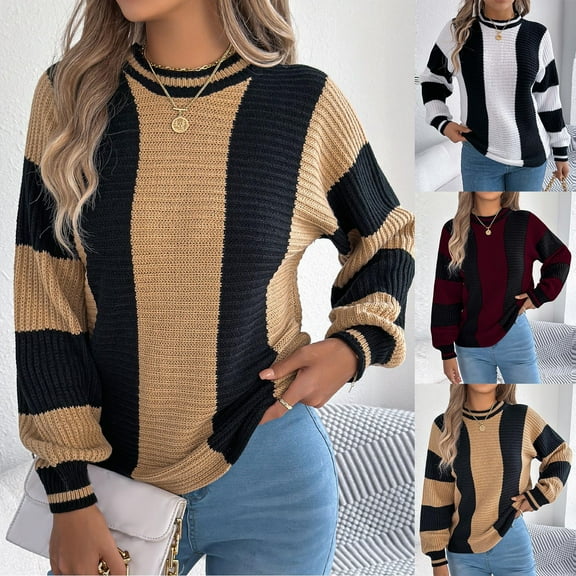 WRKEKC Womens Sweater Trendy Autumn Casual Long Sleeve Color Block Stripe Knit Pullover with Round Neck Loose Fit
