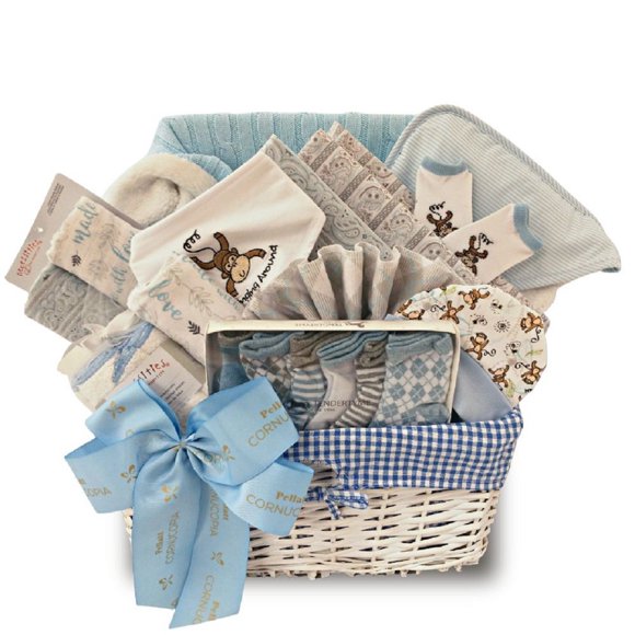Baby Boy Gift Basket with Blanket, Swaddlers, Receiving Blankets, Socks, Towel, Washcloths and More