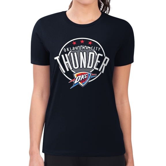 Women's G-III 4Her by Carl Banks Navy Oklahoma City Thunder Super-Slim Lightweight Pinstripe Circle Graphic T-Shirt