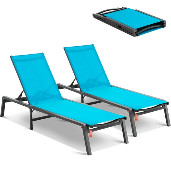 VEVOR Chaise Lounge Chairs Outdoor, Aluminum Patio Lounge Chairs with Adjustable 5-Position, Folding Pool Lounge Chairs Recliner and Full Flat Tanning Chairs for Patio, Beach, Pool, Blue, 2 pcs