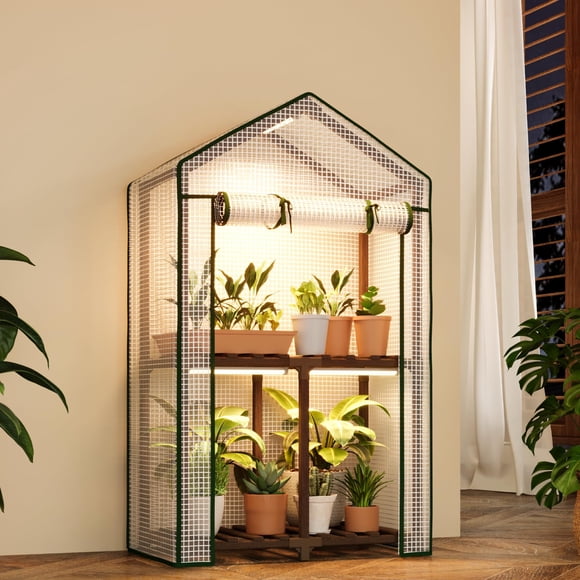 Greenhouse Bamworld Mini con soporte para plantas Grow Light de 2 niveles