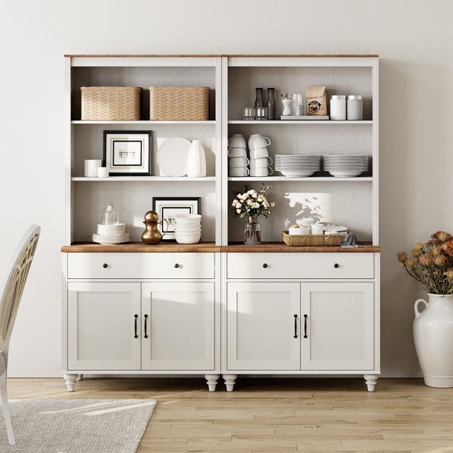 WAMPAT 5 Tier Bookshelf, 72" Tall Bookcase with Barn Doors, Large Farmhouse Display Shelf, 2 Drawers, Storage Cabinet, Wood Bookshelves for Living Room, Kitchen,Whtie&Oak