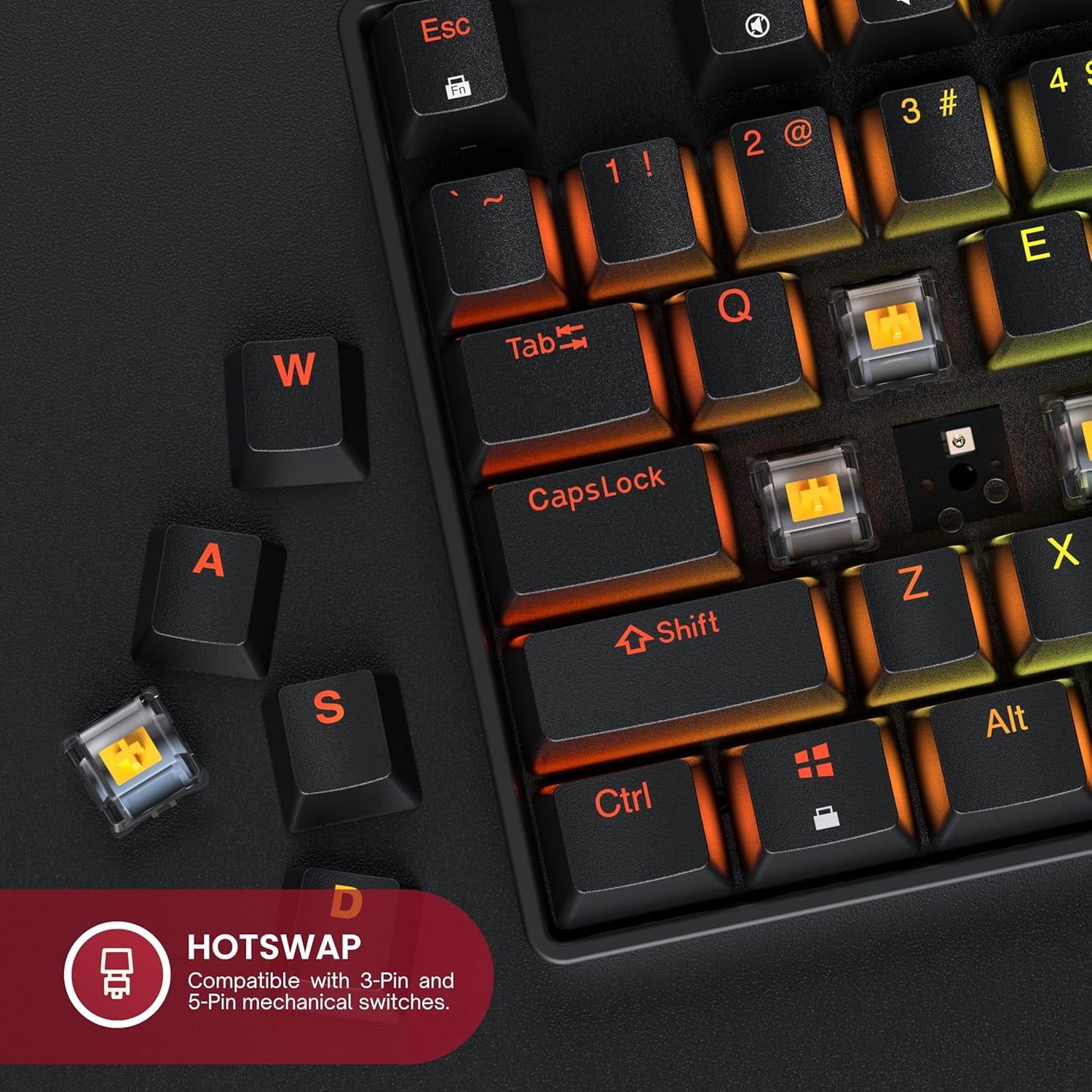 HK GAMING GK80 TKL Tenkeyless | Hot Swappable Mechanical Gaming Keyboard | 87 Keys Multi Color RGB LED Backlit for PC / Mac Gamer | ANSI US American Layout ( Black , Mechanical Red )