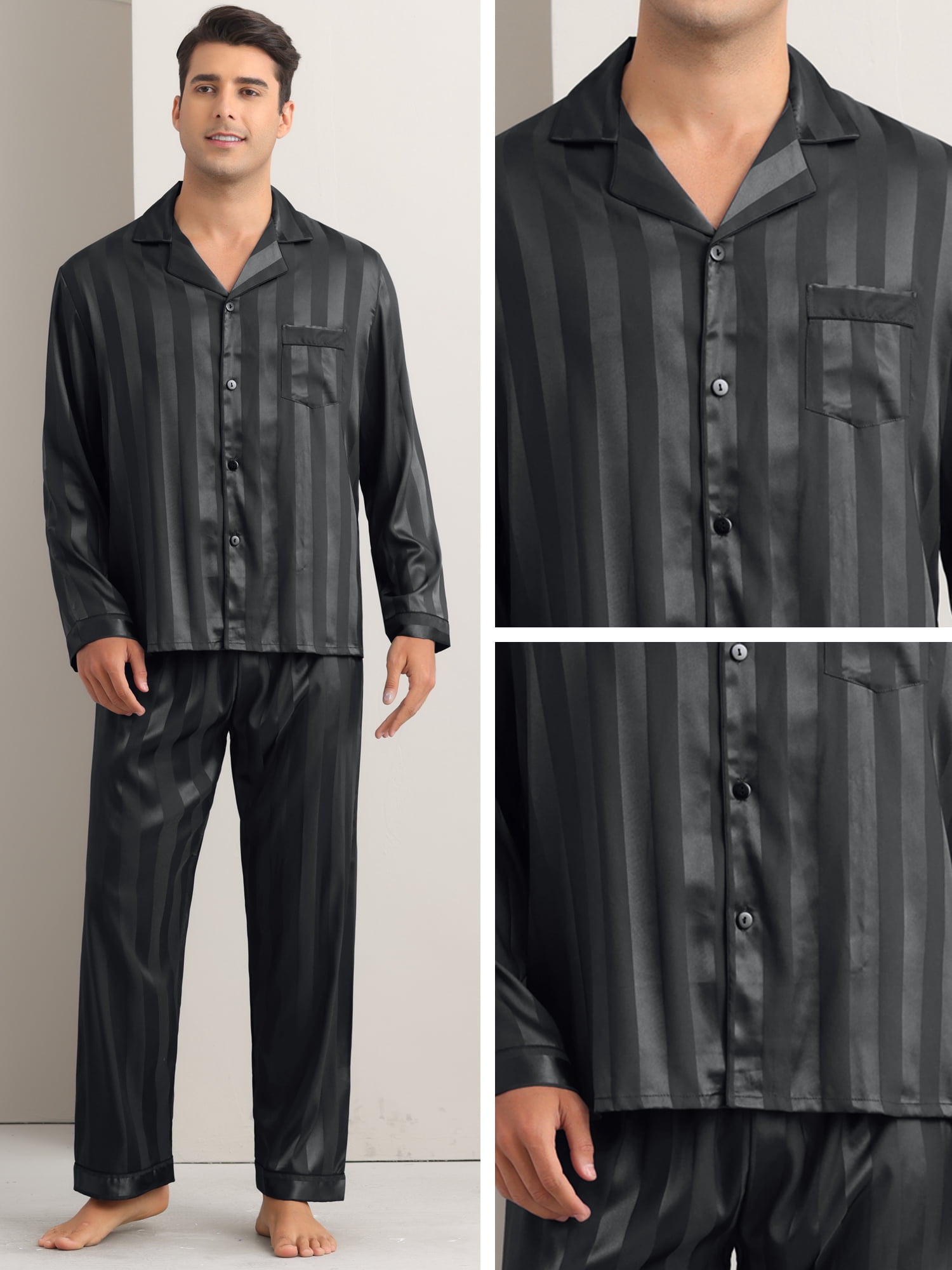 DARING DIVA Men's 2-Piece Long Sleeve Top And Pants Striped Pajama Set S Black