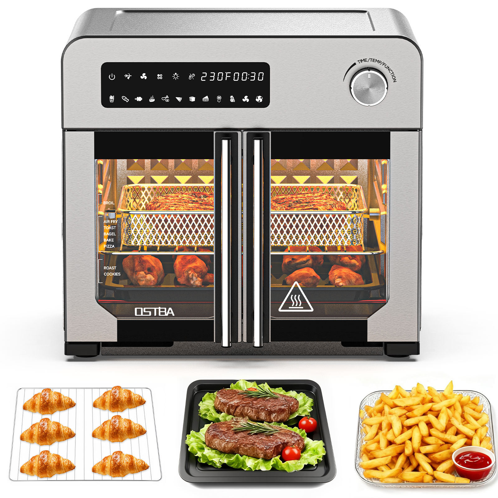 OSTBA 10‑in‑1 French Door Air Fryer Toaster Oven Combo, 24QT Countertop Convection Oven with 102 Recipes & 7 Accessories, 30% Faster Cooking, 90% Less Oil, Stainless Steel