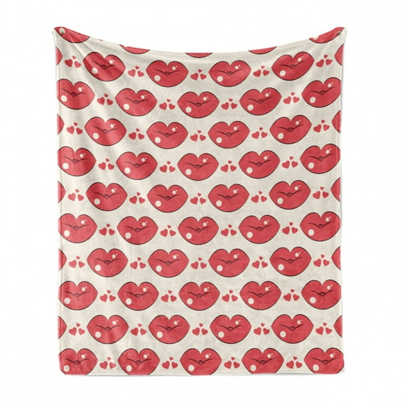 Kissing Soft Flannel Fleece Blanket, Love Themed Numerous Continuous Demonstration of Lip and Heart Motifs, Cozy Plush for Indoor and Outdoor Use, 70" x 90", Dark Coral and Champagne, by Ambesonne