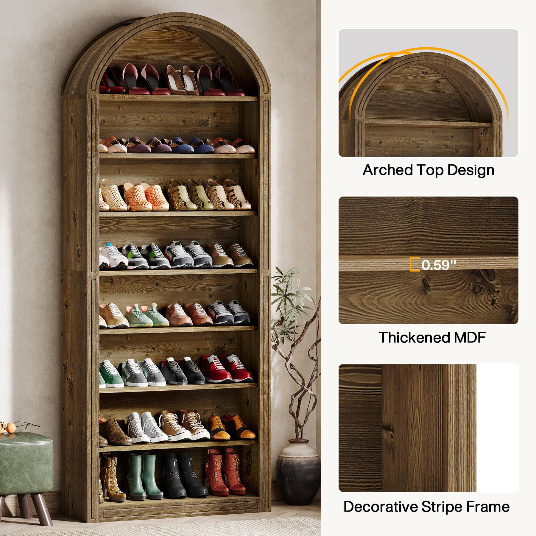 Fnova 79.5" Arched Shoe Storage Cabinet, 8-Tier Wooden Shoe Organizer Rack for 35 Pairs, Adjustable Shelves, Brown