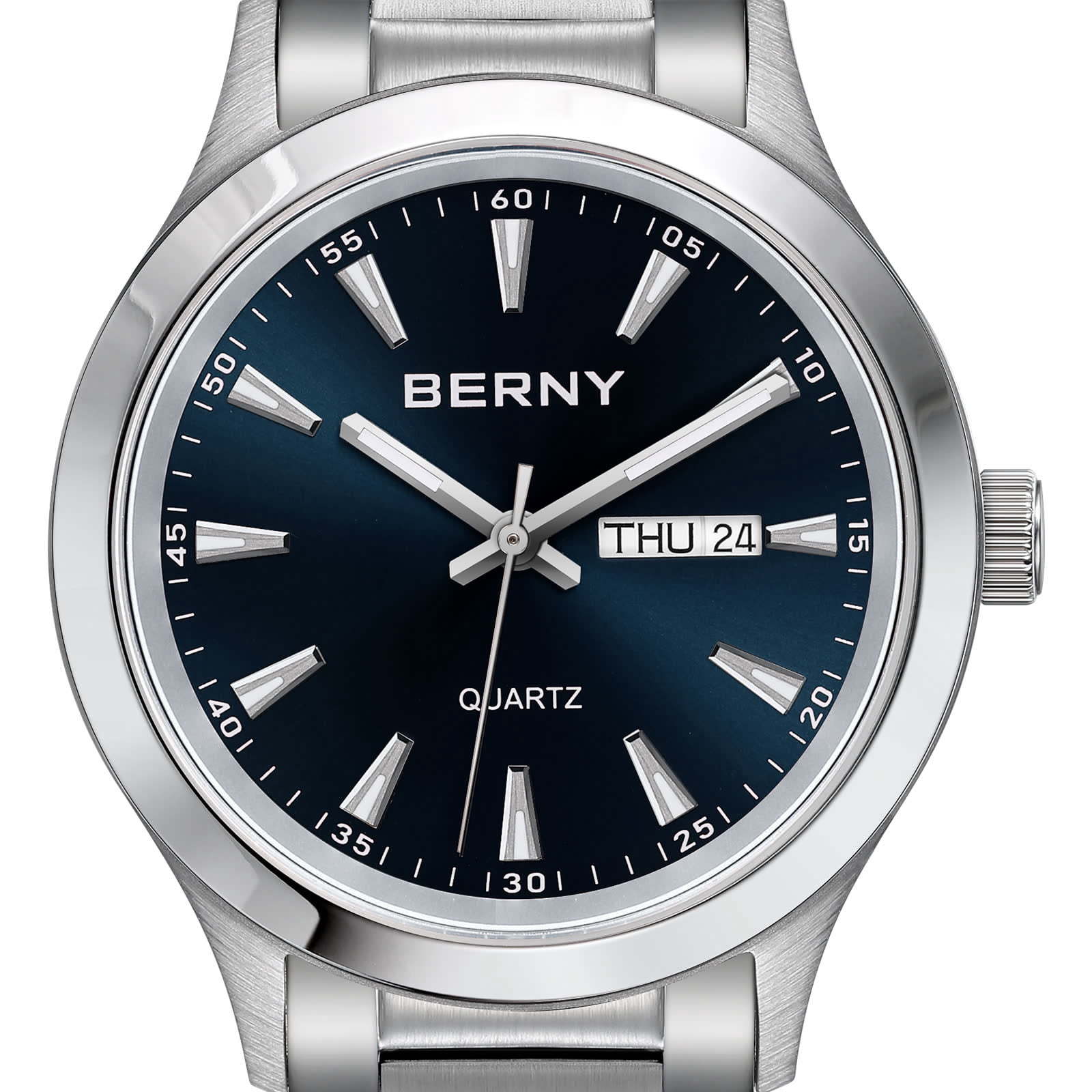 BERNY Quartz Watch for Men, Fashion Sports Wrist Watches with Solid Stainlesss Steel Case & Band, Date & Day Calendar, Casual Waterproof Men's Watches, Blue