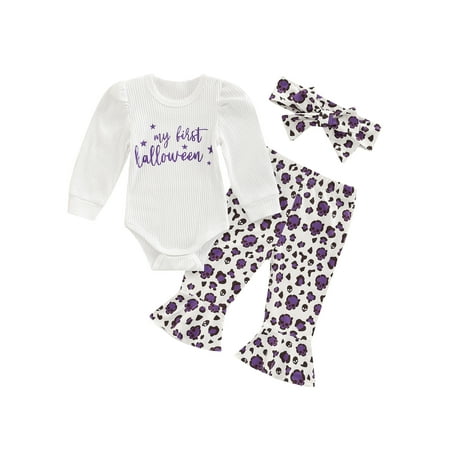 

My First Halloween Letter Prints Outfit Infant Baby Girls Long Sleeve Romper Tops+Flare Pants+Headband