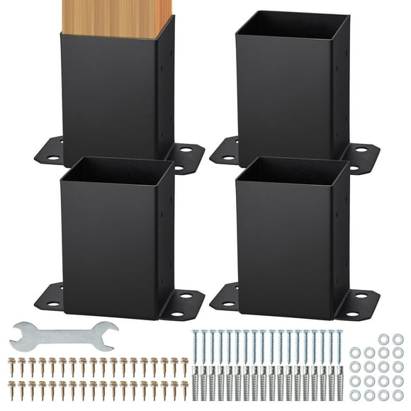 VEVOR 4x4 Post Base 4 Pcs, Inner Size 3.6"x3.6" Post Base Brackets, Heavy Duty Powder-Coated Post Anchor Matte Black Wood Post Brackets for Pavilion Deck Railing Support Deck Base Plate