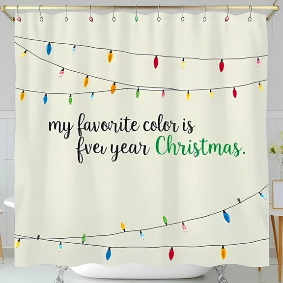 Festive Christmas Lights Shower Curtain with Whimsical 'My Favorite Color is Five Year Christmas' Design - Colorful Holiday Decor