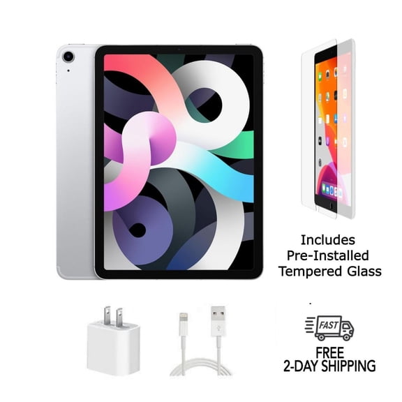 Pre-Owned Apple iPad Air 4 A2324 (WiFi   Cellular Unlocked) 256GB Silver with Pre-Installed Tempered Glass