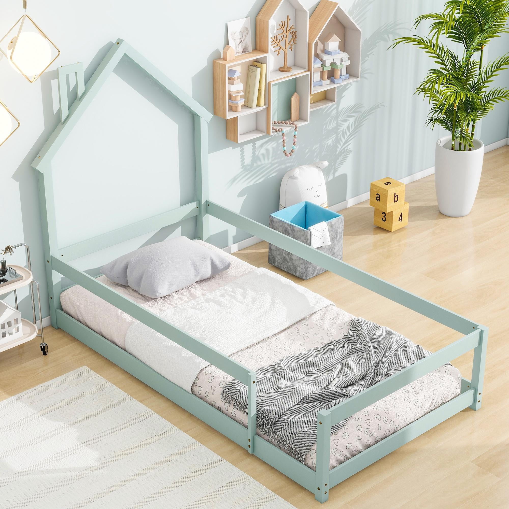 PORKISS Twin Size Floor Bed, Montessori Bed for Kids with Fence, House-shaped Headboard, Light Green
