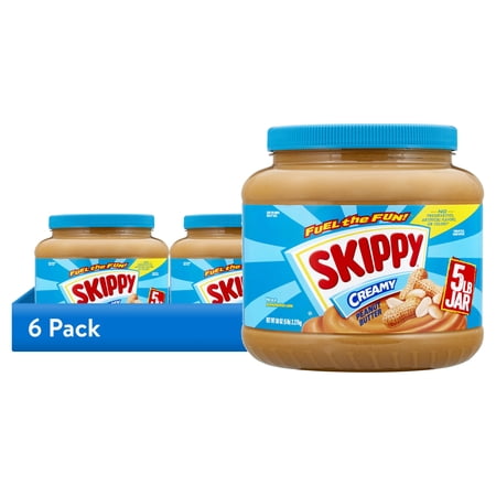 (6 pack) SKIPPY Peanut Butter, Creamy, 7 g Protein Per Serving, Shelf-Stable, 80 oz Plastic Jar
