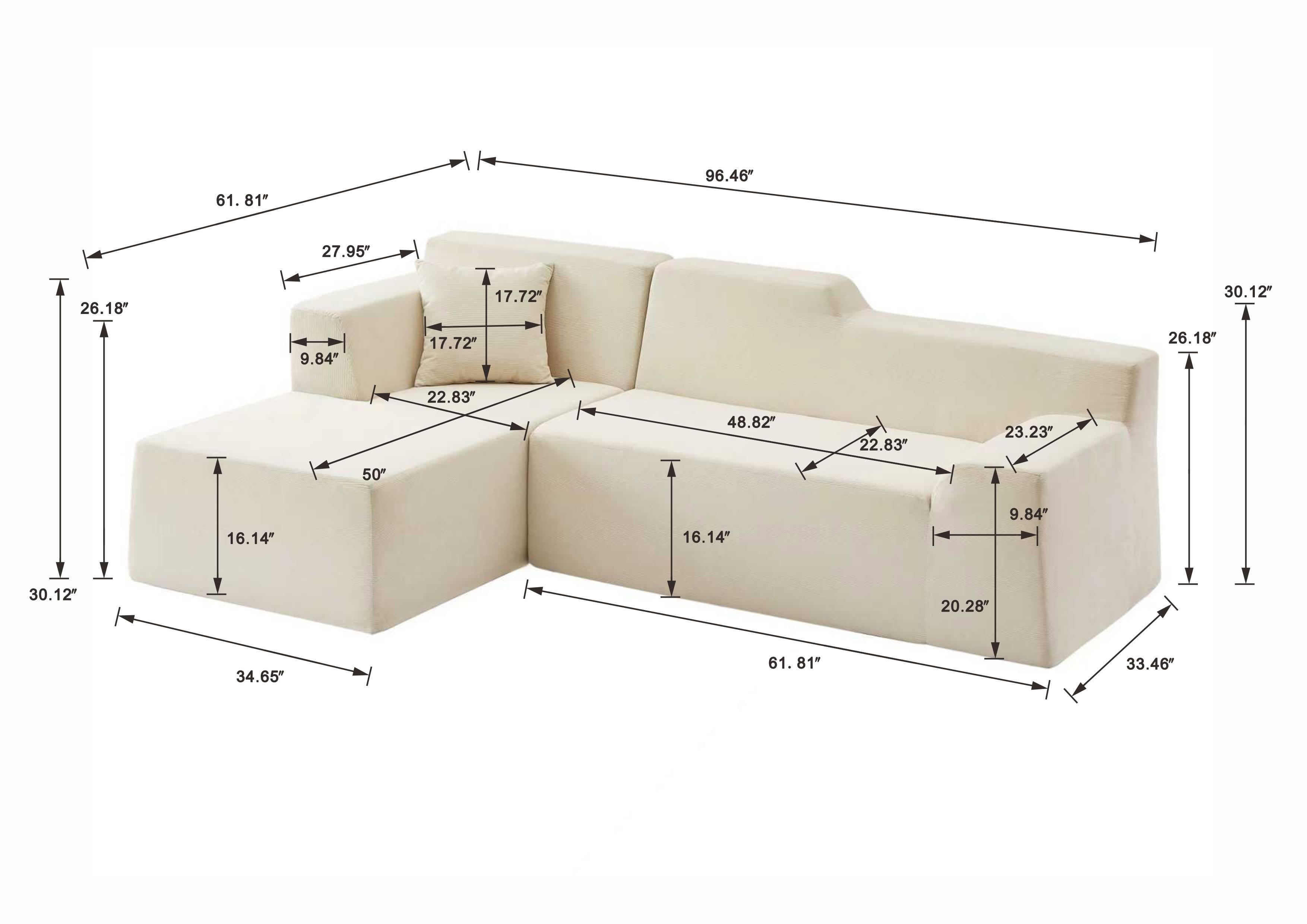 MAYEERTY Minimalist L-Shaped Corduroy Sofa with Geometric High Backrest for Living Room, 96" Beige