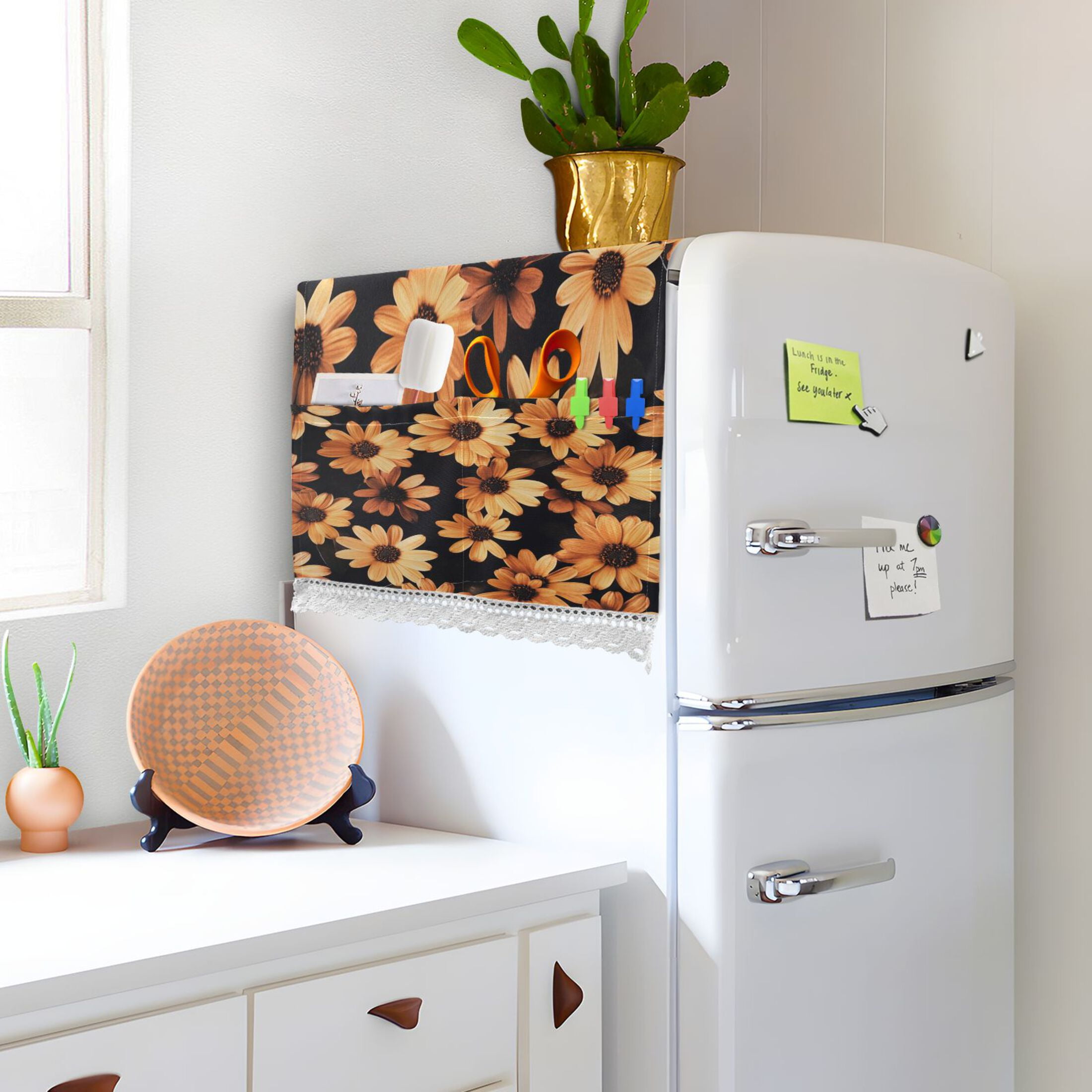 Orange DaisiesWasher and Dryer Covers Dust-Proof and Oil Resistant Fridge Cover with 4 Storage Pockets Washing Machine Top Cover for Laundry Kitchen Home 51.2 x 22 In