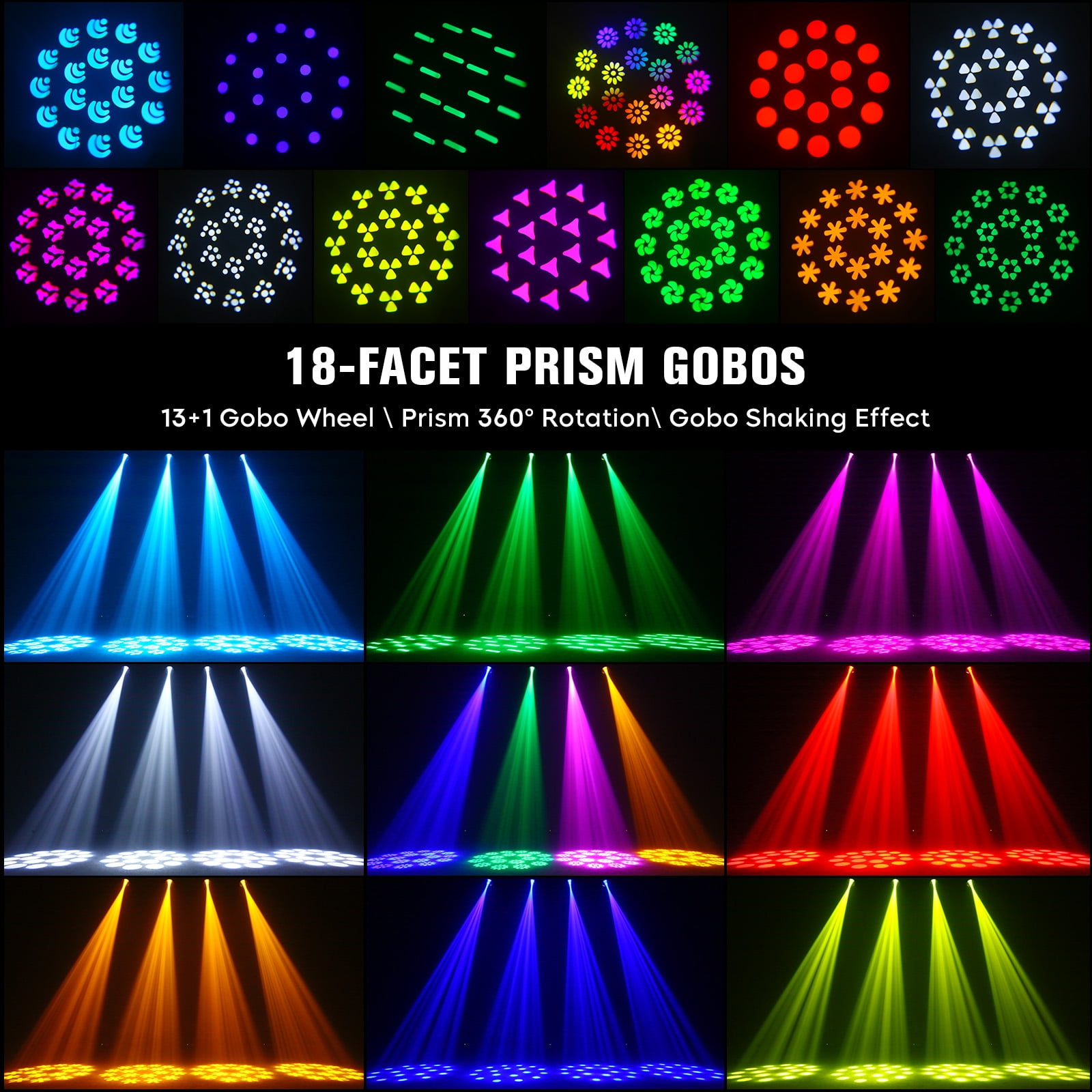 Moving Head DJ Light,18-Facet Rotating Prism Stage Lights ,14 GOBOs and 14 Colors Rainbow Effect Stage Light 14CH for Parties Wedding Halloween Christmas Club
