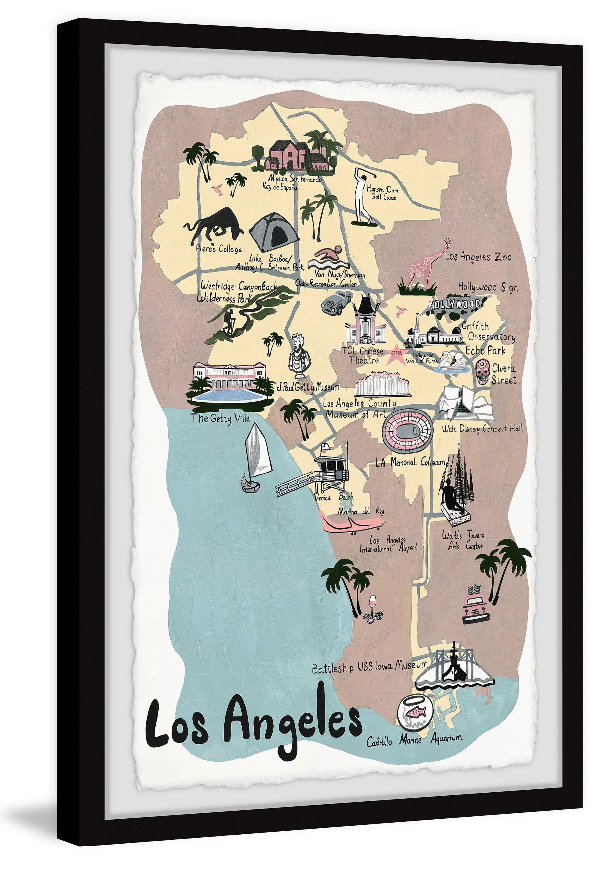 Marmont Hill Illustrated Map of Los Angeles II Framed Wall Art, 20" x 30"