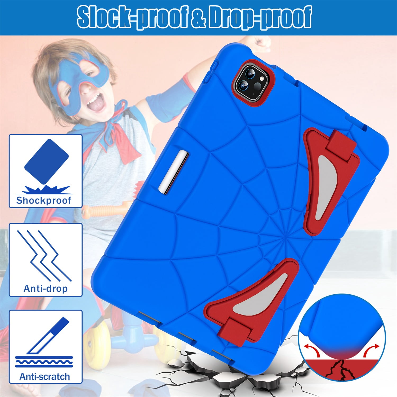 Kids Case for iPad 9th/8th/7th Generation with Pencil Holder, Lightweight Shockproof Stand Anti-Slip Rugged Silicone PC Case Cover for iPad 10.2" 2021/2020/2019 for Boys Girls, Blue+Red