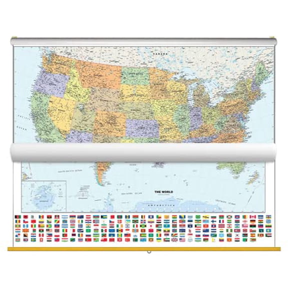Classic US/World Map with Flags - Classroom Pull Down 2 Map Set