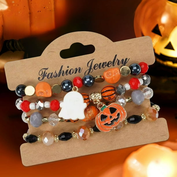 Juego de pulseras de Halloween: pulseras góticas de cuentas en capas con dijes de fantasma, telaraña y calabaza | Pulseras elásticas apilables para mujer | Accesorios y regalos de joyería