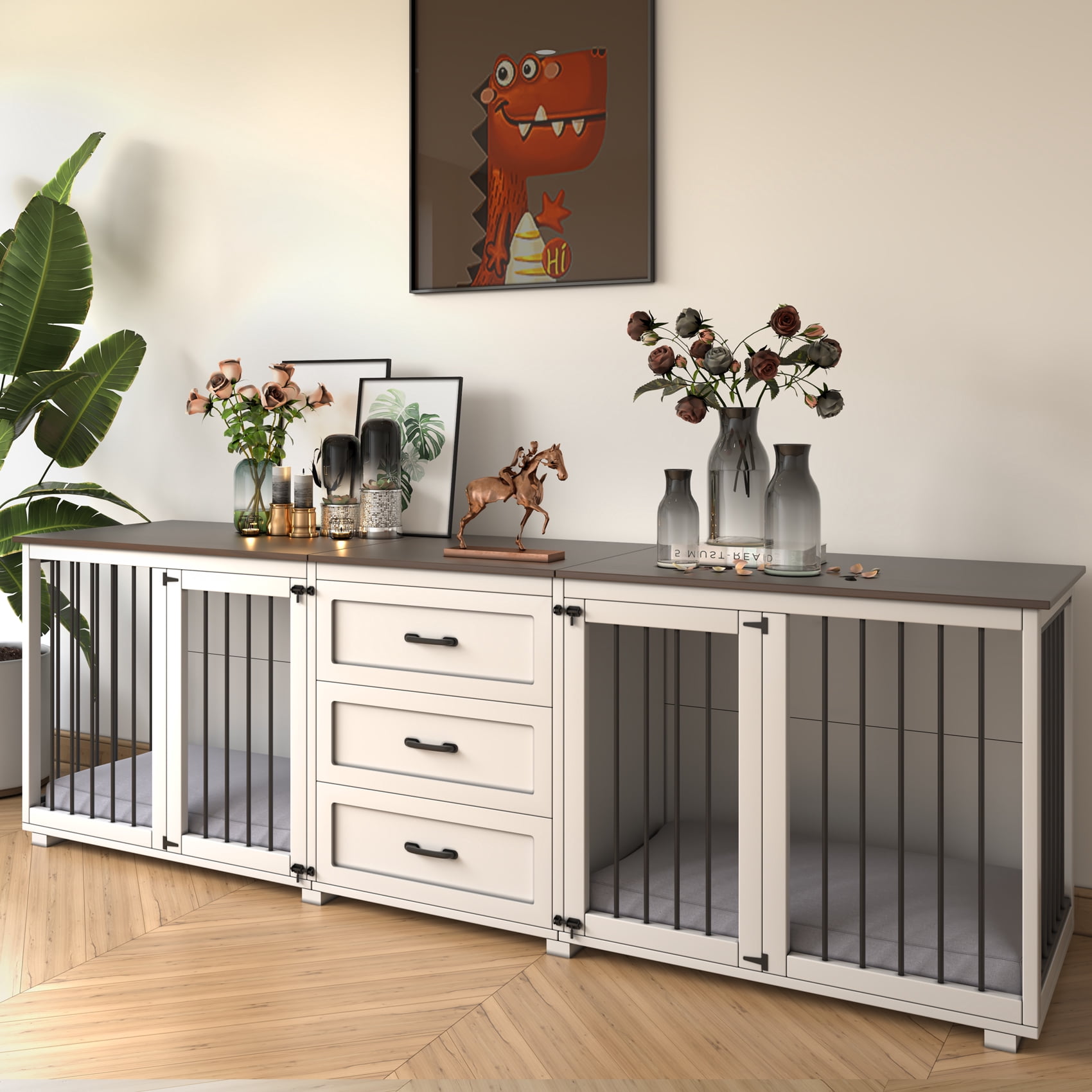 Mowpex Lockable 2-Door 95" Engineered Wood Furniture Style Crate for Dogs with 3 Drawers