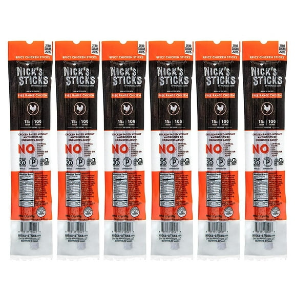 Nick’s Sticks Spicy Chicken Snack Sticks, Free-Range, Gluten Free, Keto Certified, Paleo and Whole30 Approved, No MSG, High Protein Low Carb, 6 Twin Packs (1.7 oz Each)