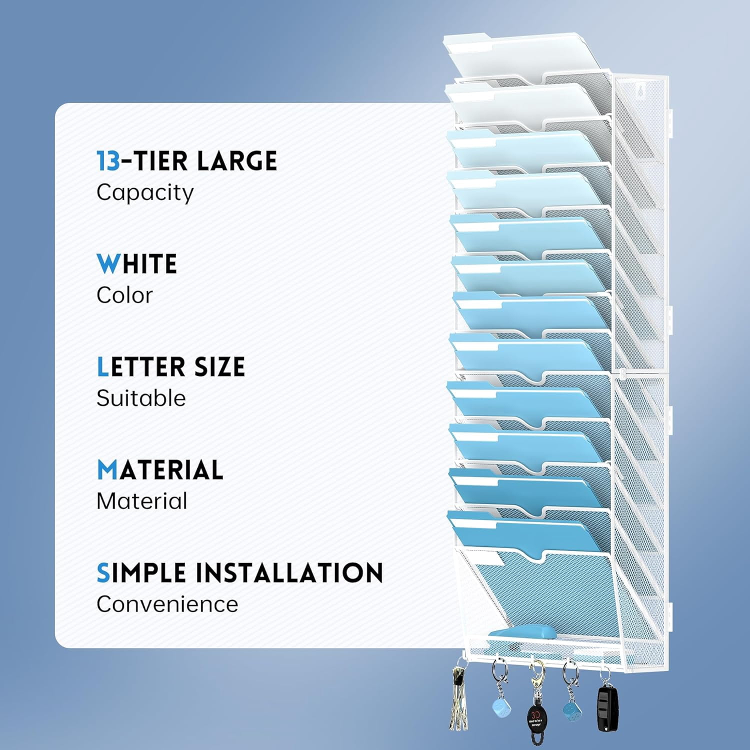 INTIGE 13-Tier Metal Hanging File Organizer with Hooks, Mesh Wall Paper Organizer for Office, White