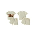 thumbnail image 2 of Baby Toddler Boy Summer Outfit 6 12 18 24 Months 2T 3T Letter Embroidery Short Sleeve T-shirt Solid Shorts 2 Piece Waffle Knit Clothing Set, 2 of 9