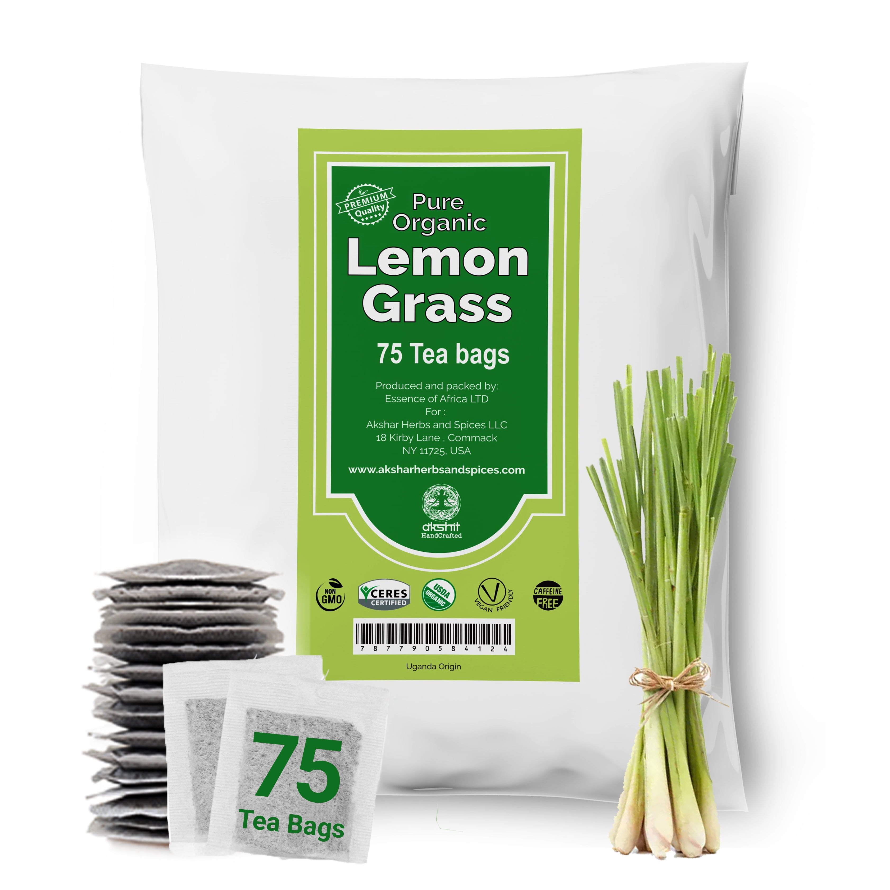 Akshit Organic Lemongrass Herbal Tea Bags, Non-GMO, 75  Tea Bags