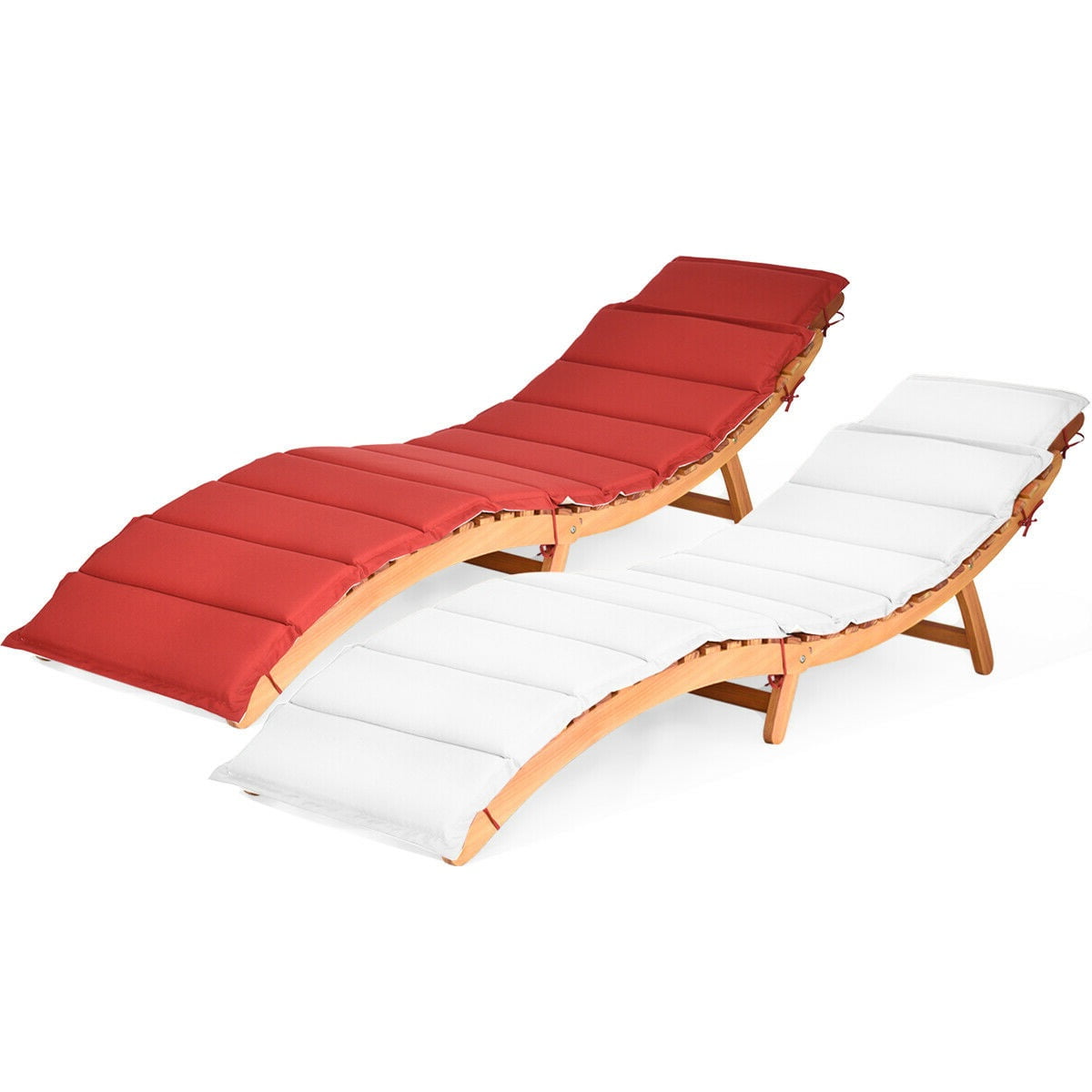 Gymax 3 Pcs Folding Eucalyptus Lounge Chair & Table Set W/ Double-Sided Cushion 