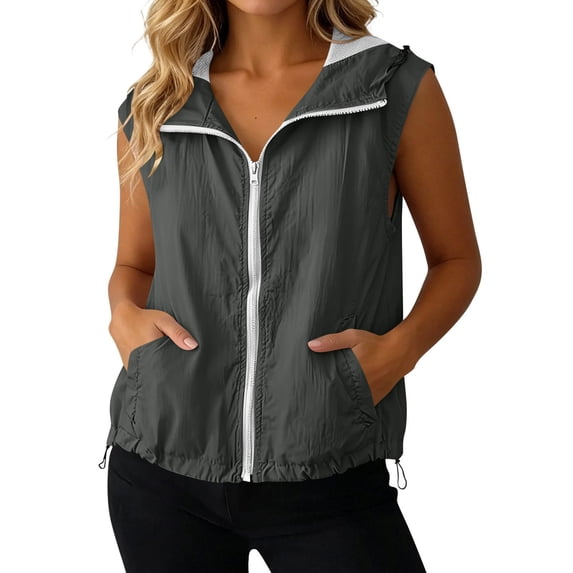 Women's Sleeveless Zip up Hoodies Casual Loose Fit Drawstring Sweatshirts Lightweight Jackets Vest with Pockets Sports Running T-Shirts Workout Tops QURATI S