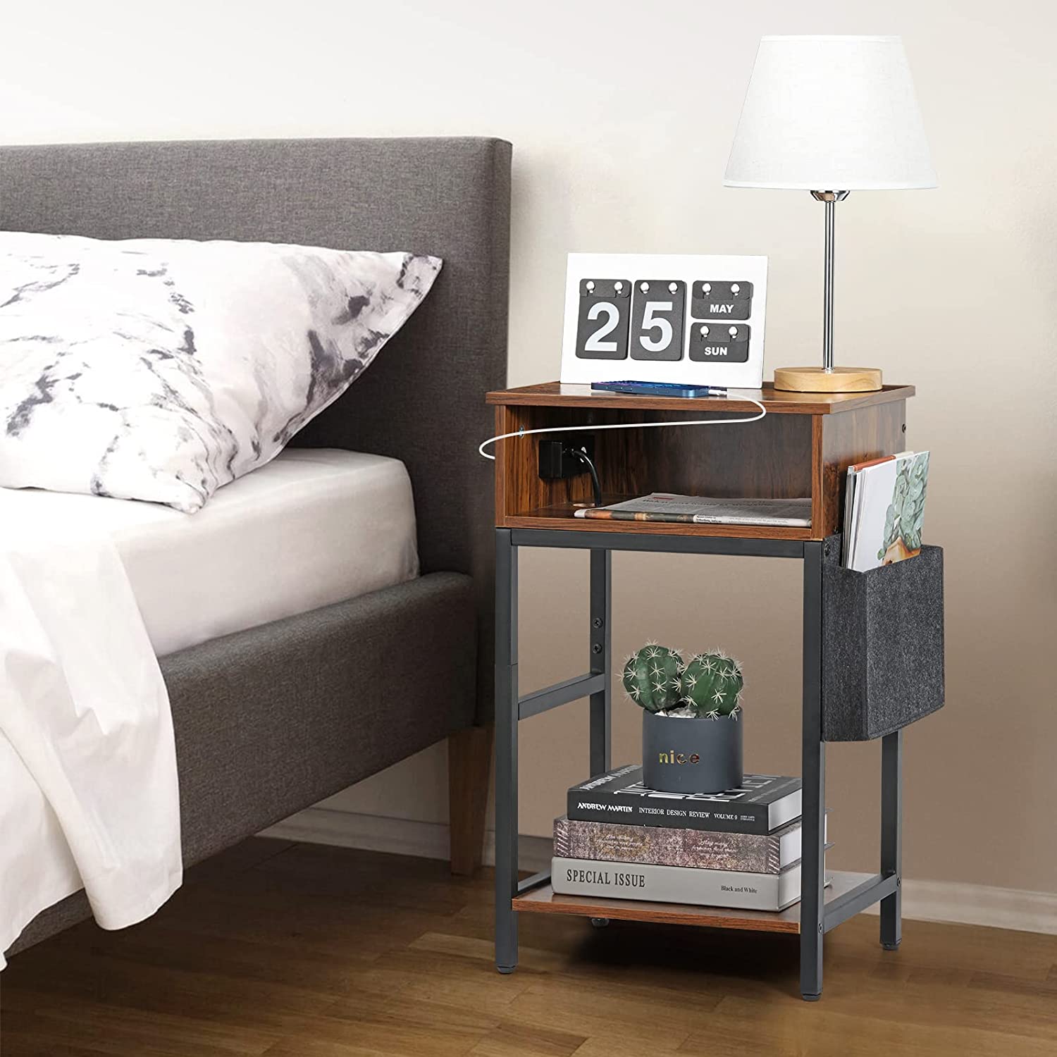Oumilen Western Home 25.2" End Table with Charging Station, Rustic Walnut Wood