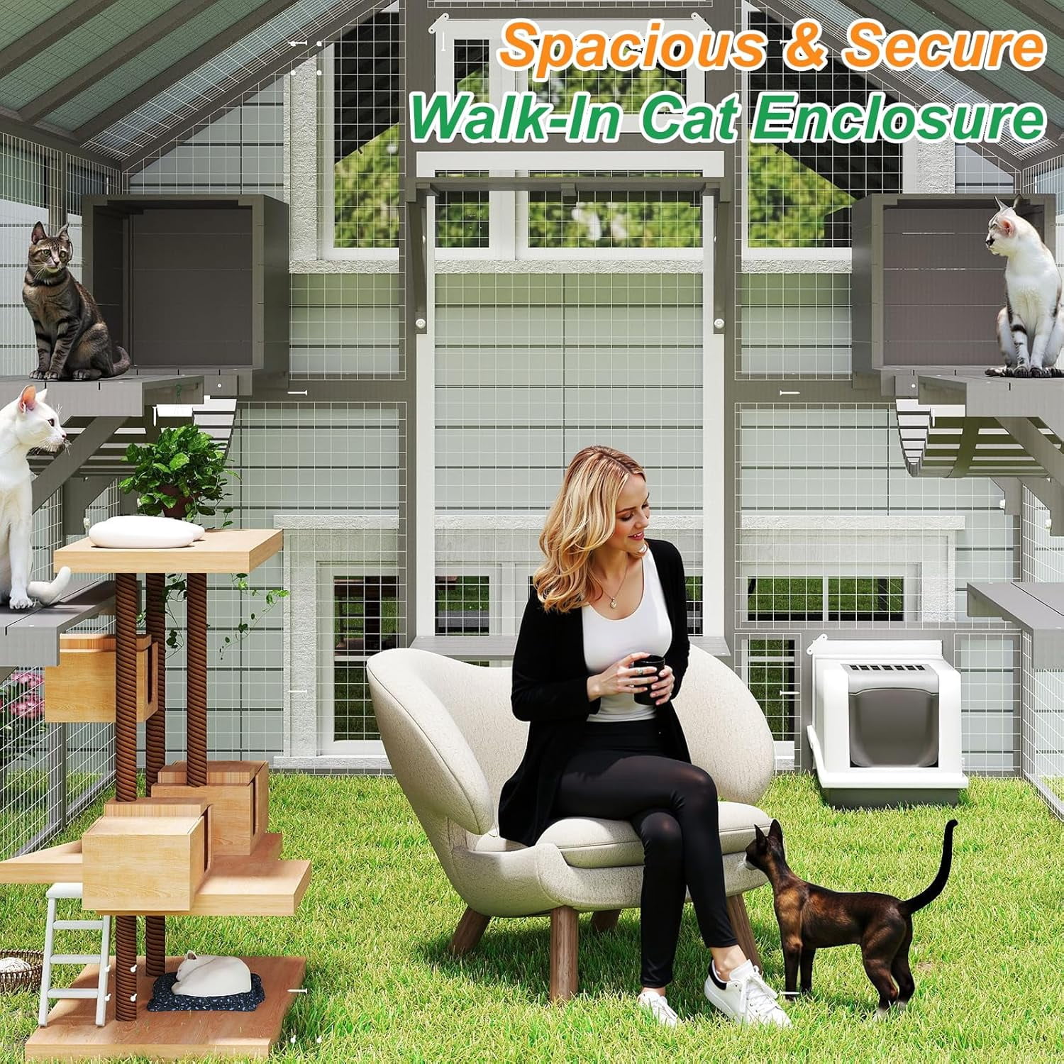 Gowoodhut Extra Large Catio Outdoor Cat Enclosure Waterproof, Walk-in Outdoor Pet House for Multiple Cats, Catio Cat Run Cage with Bridges, Weatherproof Full Cover, 8 Platforms, 2 Resting Box