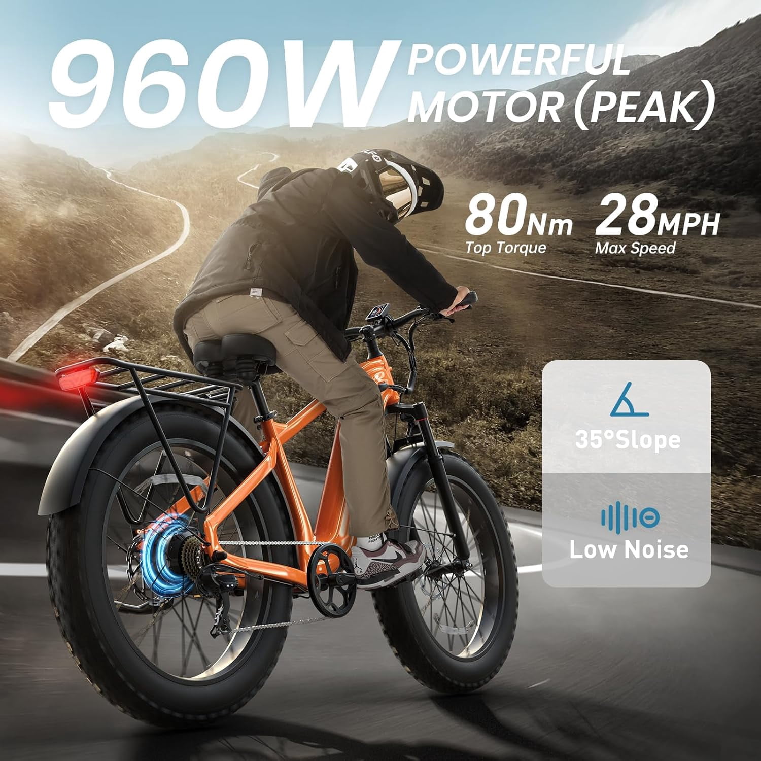 PUCKIPUPPY Electric Bikes for Adults 26" Fat Tire E Bike 28 mph up to 60 Miles Range 960W Peak Ebike 48V 15AH Battery Front Suspension off Road Mountain E Bike (Orange), Comply with UL2849 by SGS