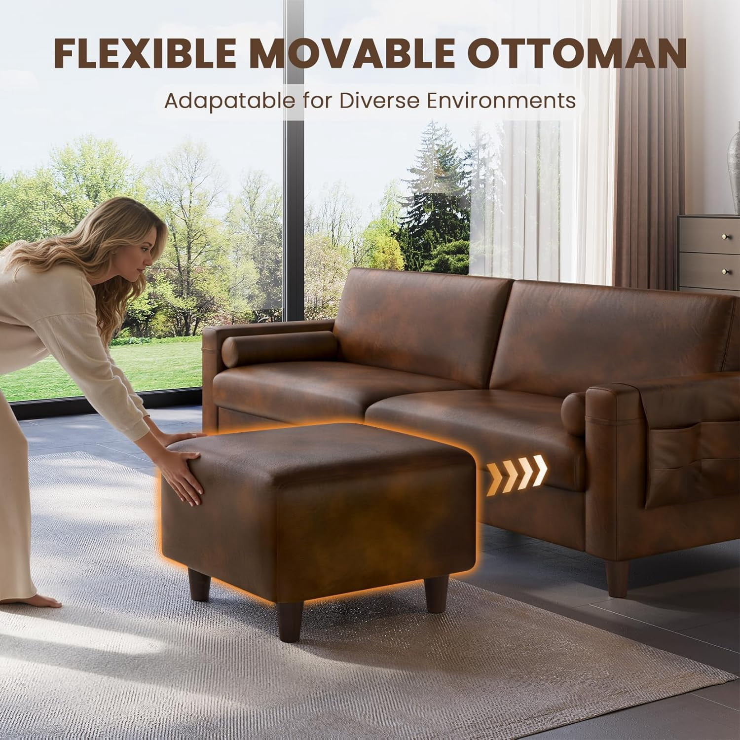 Neche 100" PU Faux Leather Couch with Movable Ottoman, Large 2 Seater L Shaped Leather Sectional Sofa with Side Pocket, Comfy Mid Century Modern Modular Sofa for Living Room, Apartment, Cocoa