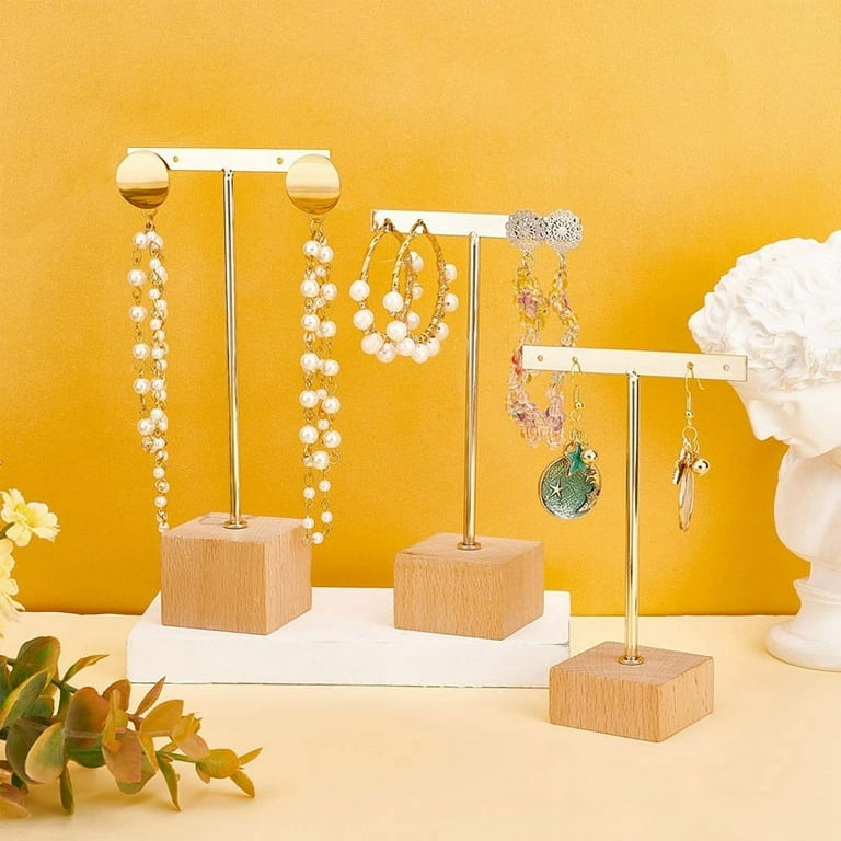 3Pcs Gold Metal T Bar Earring Display Stand with Wooden Square Base 4 Holes Jewelry Holders Hanging Earring Organizer Walmart